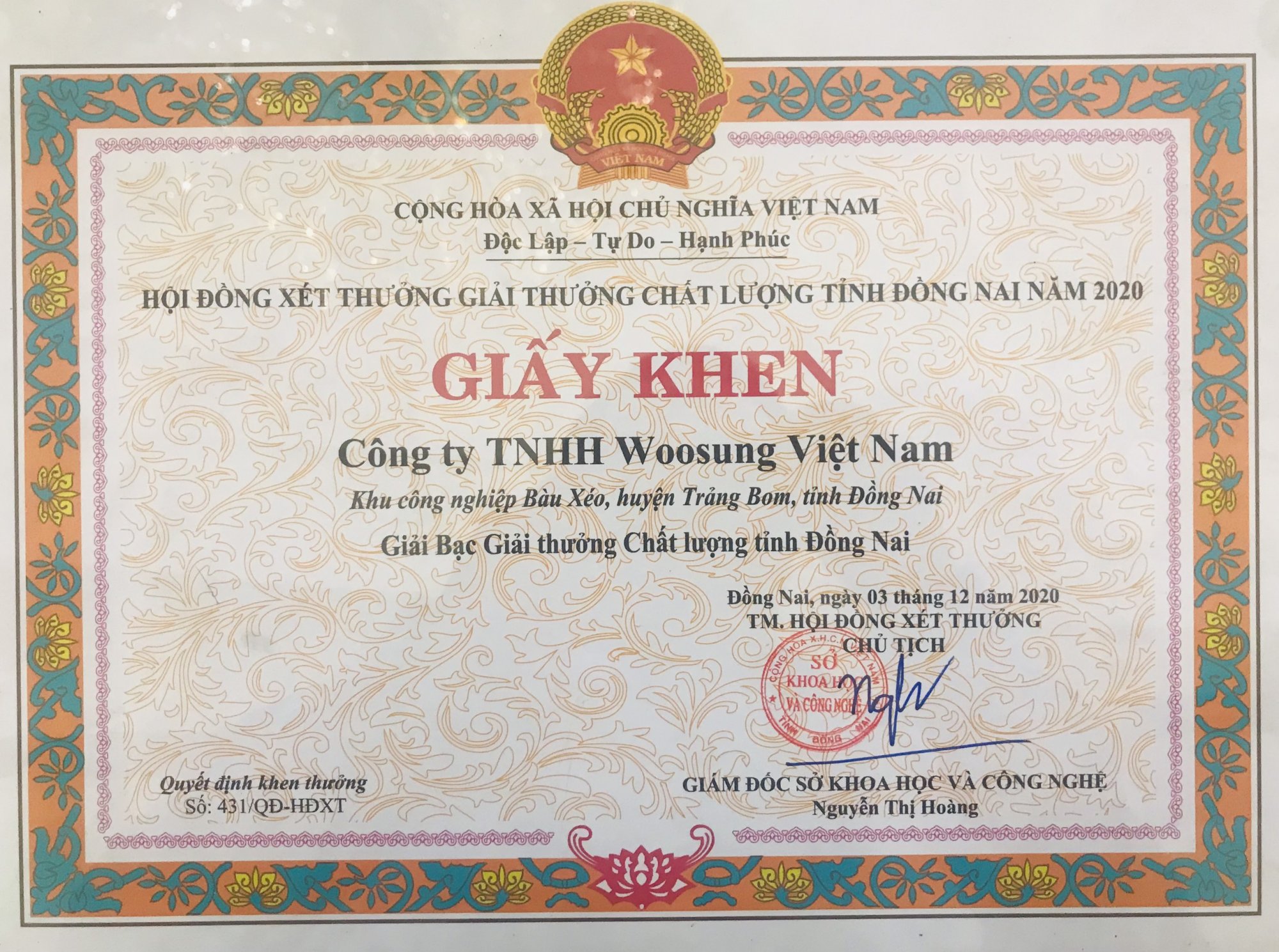 Giấy khen Woosung Việt Nam đạt giải Bạc giải thưởng Chất lượng tỉnh Đồng Nai năm 2020